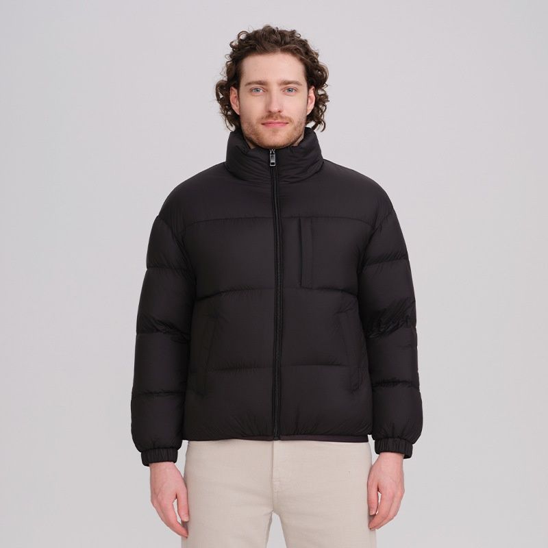"Men's Short Puffer Jacket With 90% White Duck Down, 550 Fill Power, Thick Winter Coat For -20°C, Stand Collar & Zip Front (Black/Rock Gray)"_voghion.com