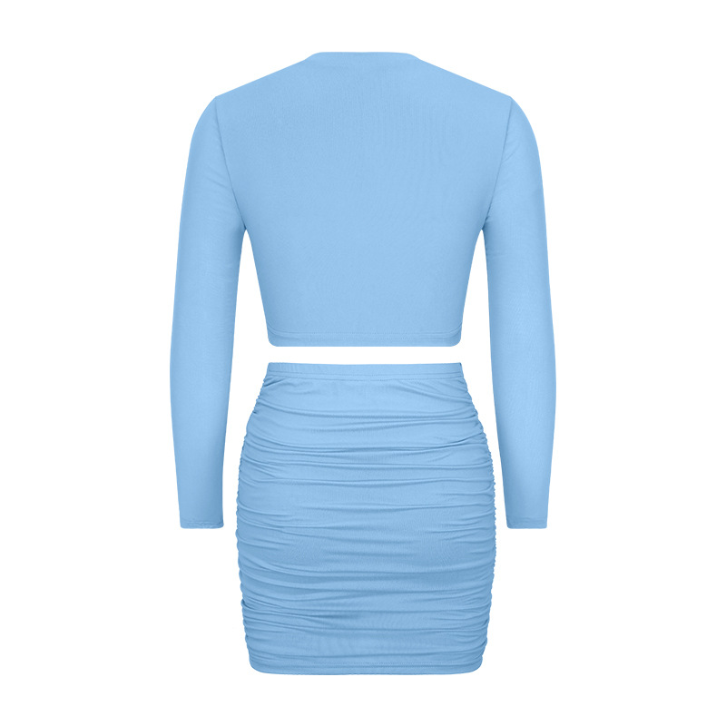 Women's long-sleeved patchwork mesh top pleated hip skirt casual two-piece set_voghion.com
