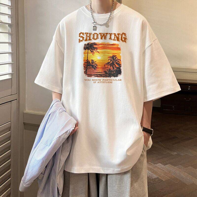 Unbeatable Quality Summer Trend Ins Printed Short T-shirt For Men, Loose Fitting Harajuku BF, Versatile Five Quarter Sleeve Couple Round_voghion.com