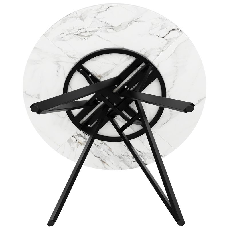 5-teiliges Esstisch-Set Mit Runder Tischplatte (Ø100 Cm), Schwarze Metallbeine, MDF-Marmoroptik, Graue Leinenstühle_voghion.com