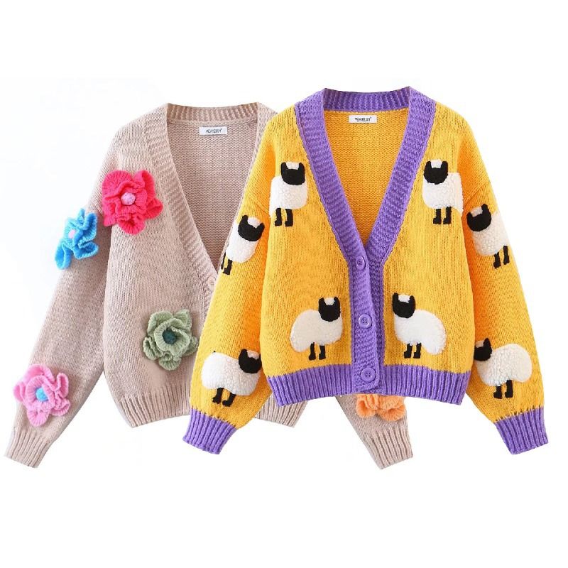 Cardigan en tricot épais et doux, style dessin animé mouton, coupe ample, pour femme, collection automne 2024_voghion.com
