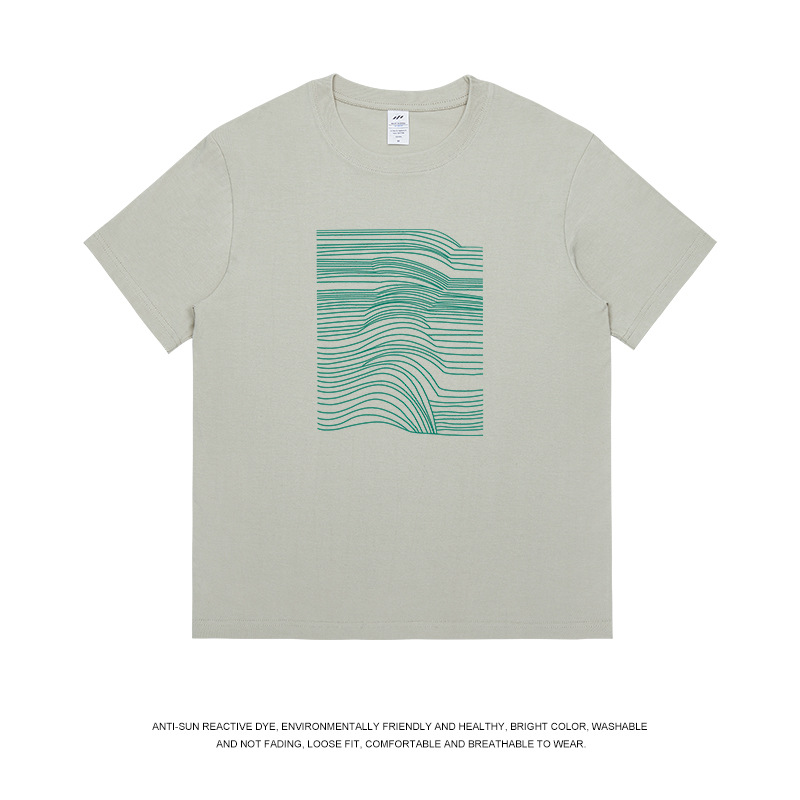 Printemps et été ligne simple imprimé t-shirt à manches courtes hommes coton 230g polyvalent col rond bas haut costume de couple pour femmes_voghion.com