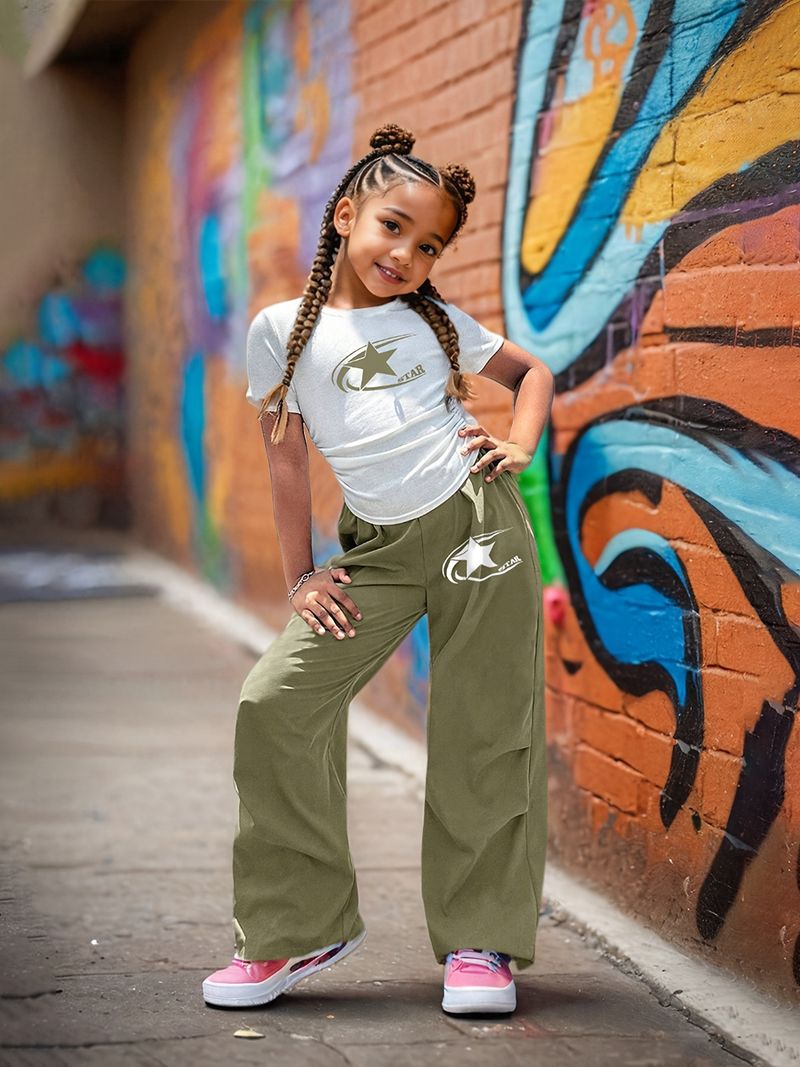 Kinderbekleidung INS Lässige Sommerhose für Mädchen, Zweiteiler, geripptes Kurzarm-T-Shirt, plissierte Jogginghose, Freizeitkleidung_voghion.com