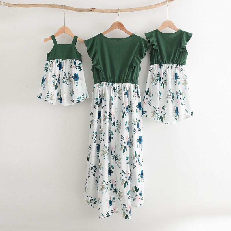 Mutter & Kinder Europäischen und Amerikanischen sommer neue hause kleidung spleißen gedruckt langen rock mutter + tochter + baby modische eltern-kind-kleidung_voghion.com