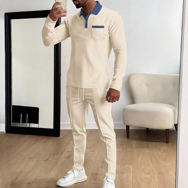 Men's Casual Waffle Knit Long Sleeve Polo & Pants Set - Breathable Comfort, Versatile Styling For Outdoor & Daily Wear_voghion.com