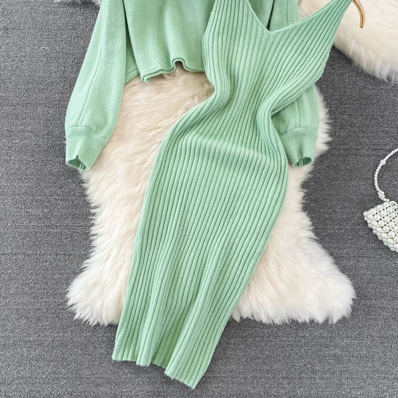 Vêtements pour femmes style mondain col rond perles taille haute court nombril nu pull deux pièces_voghion.com