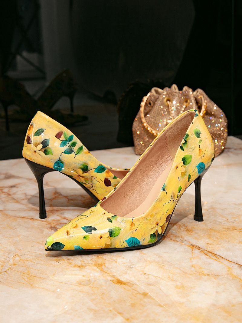 Damen High Heels Damen Modische Gelb Bedruckte Einfache Spitze Stiletto High Heels Einzelne Schuhe Damen_voghion.com