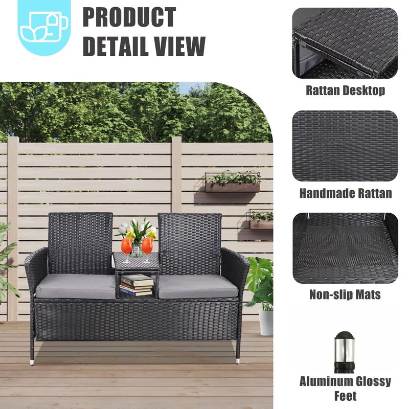 Outdoor Loveseat, 2 Seat Loveseat With Cushions And Built-in Coffee Table, Bench For Balcony Furniture Sets Non-removable Back Without Glass( Backrest Of Integrated Piece )_voghion.com