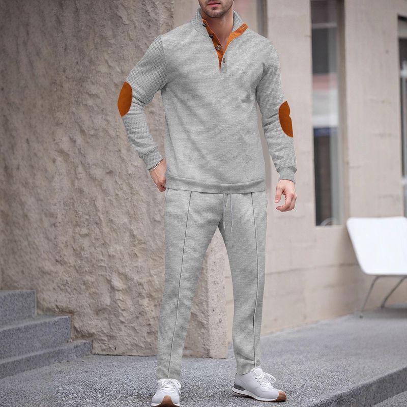 Traje de sudadera de manga larga con cuello alto y botones, coderas y pantalones de estilo americano para hombre, otoño_voghion.com