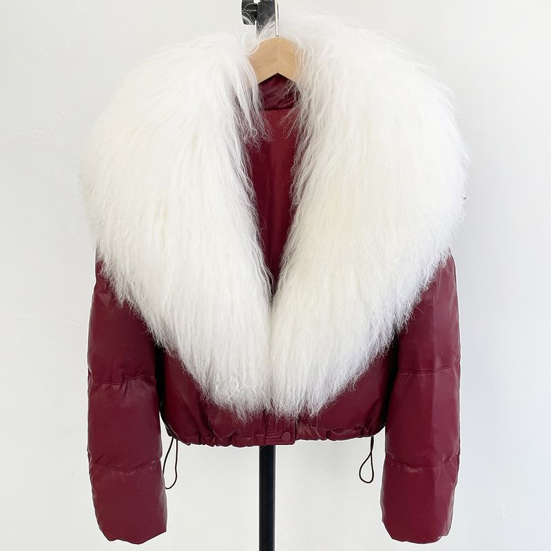 Trendige kurze Pufferjacke für Damen mit Kaninchenfellkragen, 85% weiße Entendaunen, übergroßer Wintermantel (S/M)_voghion.com