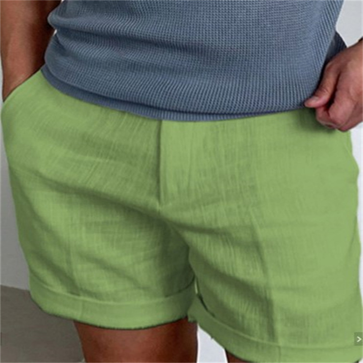 Herren-Shorts aus Leinen mit schrägen Taschen, einfarbig, bequem und atmungsaktiv, für den täglichen Gebrauch im Freien_voghion.com