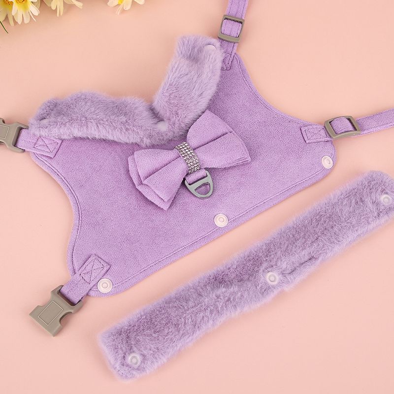 Soft Leash And Harness Set, Cute Winter Vest With Bow Pets, Warm Fur Clothing For Small Dogs, Pink French Bulldog By PawParty Store_voghion.com