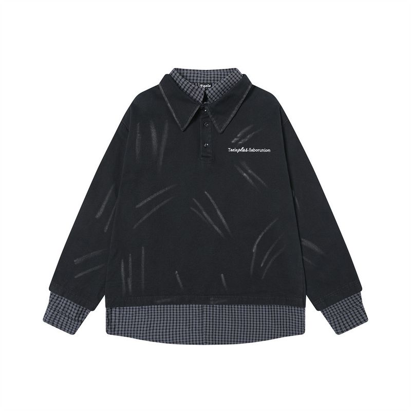 Felpa patchwork a quadri in due pezzi con schizzi di vernice Niche, pullover a doppio strato con colletto rovesciato, camicia a maniche lunghe_voghion.com