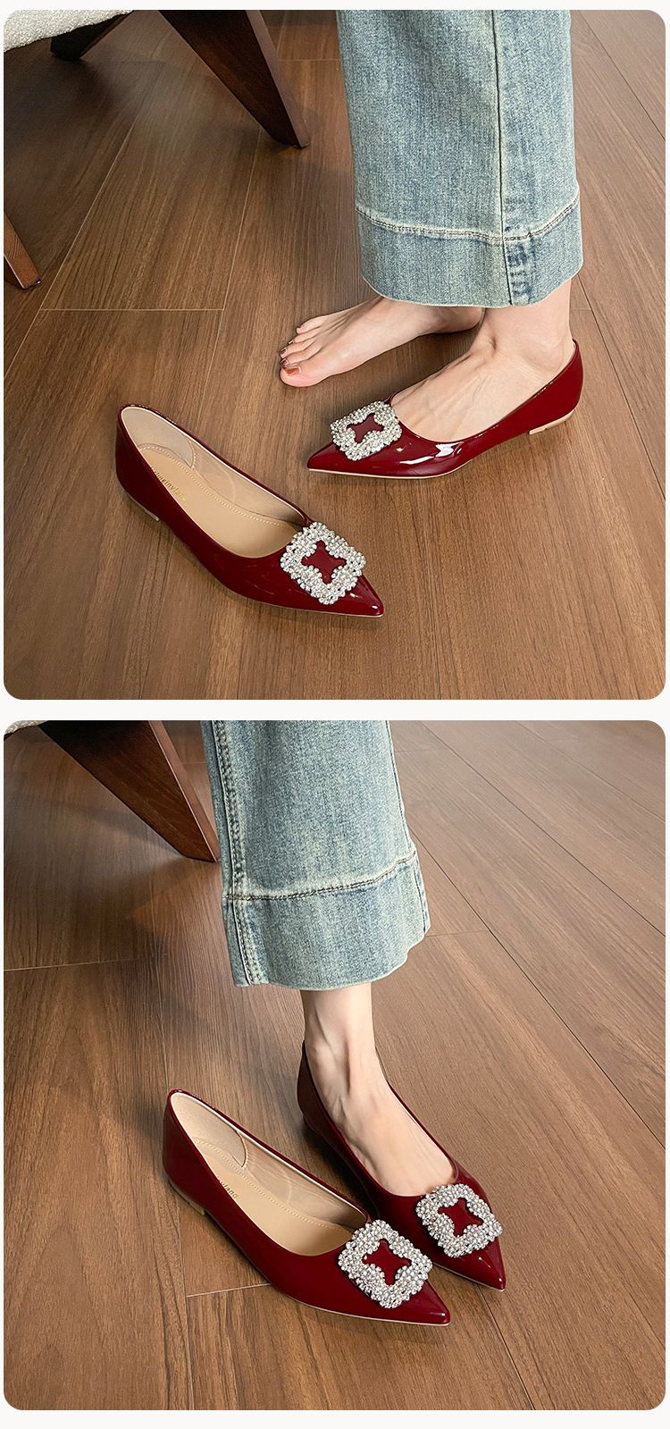 Zapatos franceses sencillos y poco profundos para mujer, zapatos planos de hada con un solo pedal y punta de diamantes de imitación para boda._voghion.com
