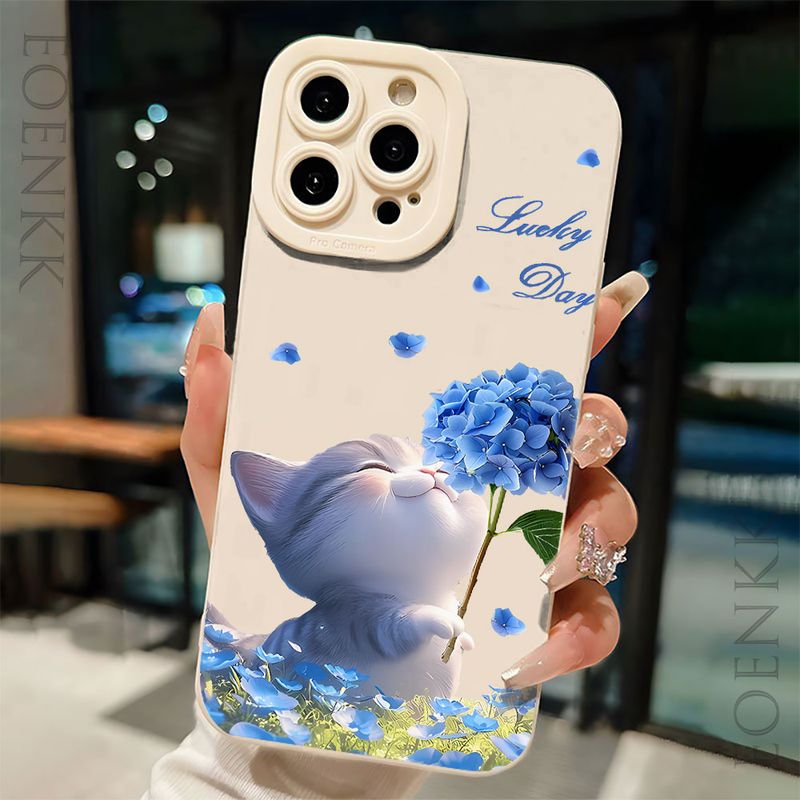 Custodia per telefono Lucky Cat Blue Flowers per iPhone 16 15 14 13 12 11 Pro Max 12 13 Mini XS XR X 8 7 14 15 Plus Cover morbida in silicone_voghion.com