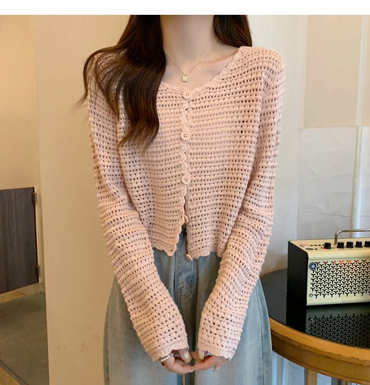 2024 Summer New Hollow Cardigan Women's Long Sleeve Outer Sunscreen Mesh Knitted Small Cover Coat Short Top_voghion.com