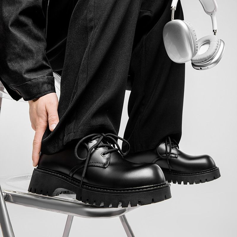 Derby Schuhe Herren Paris Mickey Rundkopf Big Head Casual Lederschuhe Plateauhöhe Schwarz Matt_voghion.com