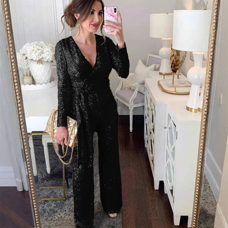 Glitter Sequin Wrap V-Neck Jumpsuit For Women - Stylish Long Sleeve Belted Romper, Casual & Party Outfit (Black, Silver,)_voghion.com