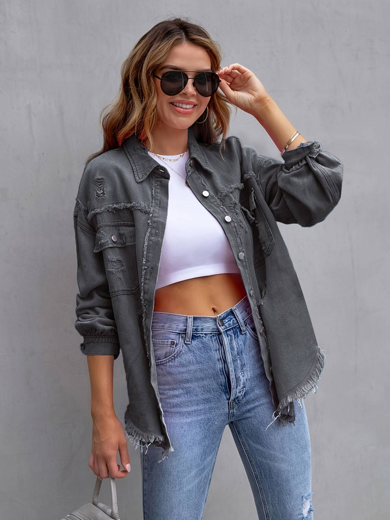 Neue n-stil feste farbe lange ärmeln jeans jacke löcher Europa und die Vereinigten Staaten wind, jacke frau_voghion.com
