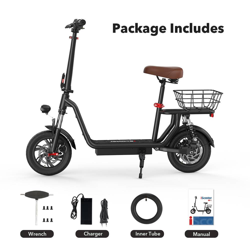 iScooter i12 sähköpotkulauta aikuisille istuimella, 500 W 12" kaksoisjousituksella, työmatkaskootteri korilla, korkeussäädettävä istuin ja ohjaustanko_voghion.com