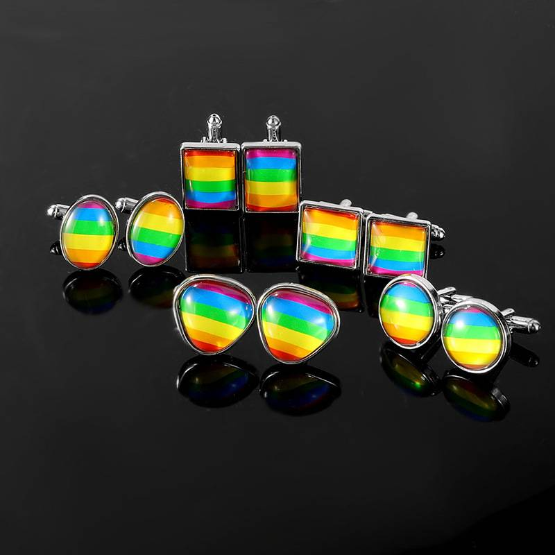 Pride Month Cufflinks - Rainbow Square & Round Metal Cuff Links For Men, LGBTQ+ Unisex Dress Shirt Accessories, Adjustable Designer Clasps 4 Pack_voghion.com