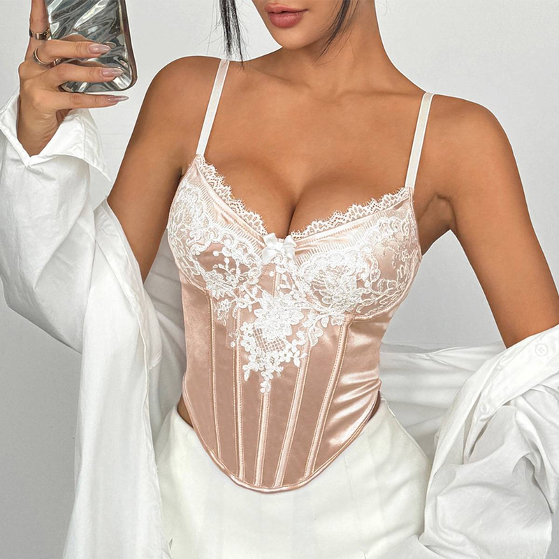 Top con ferretto e schiena a rombi in raso altamente elasticizzato con pizzo e ricami in rete da donna - Beige (S/M/L)_voghion.com