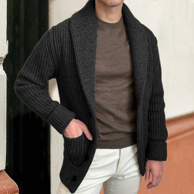 Vintage gebreide herencardigan met reverskraag, lange mouwen casual jas, oversized pasvorm, retro mode voor de winter_voghion.com