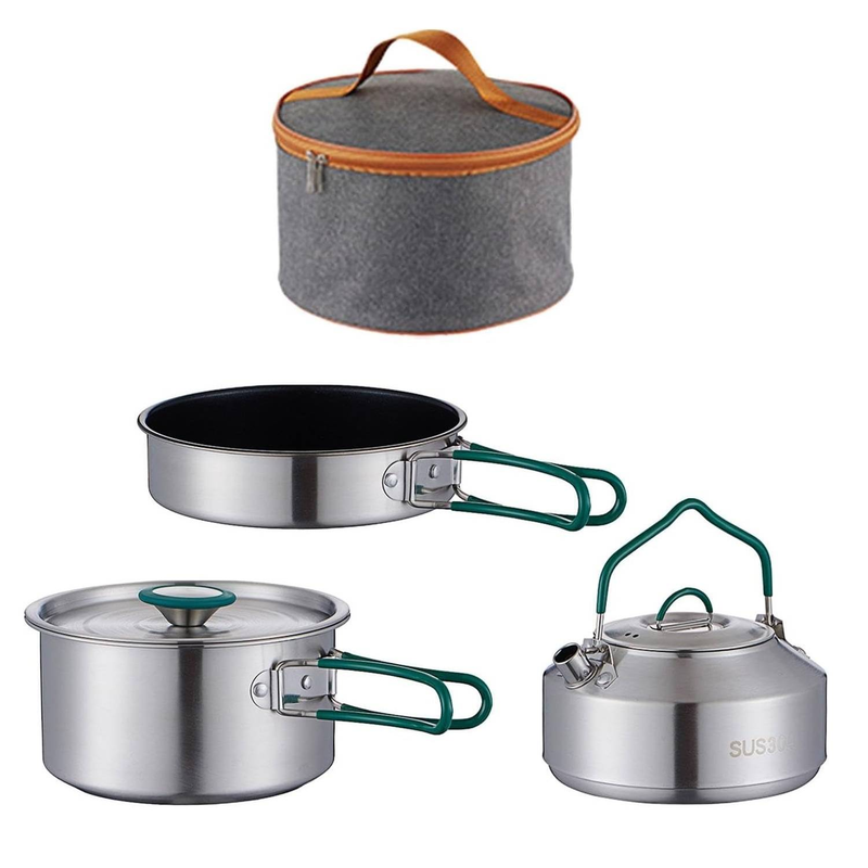 3Pcs Camping Cooking Set Included Carry Bag Folding Handle Pot Pan Kettle Camping Cookware For Picnic Trekking Fishing Home_voghion.com