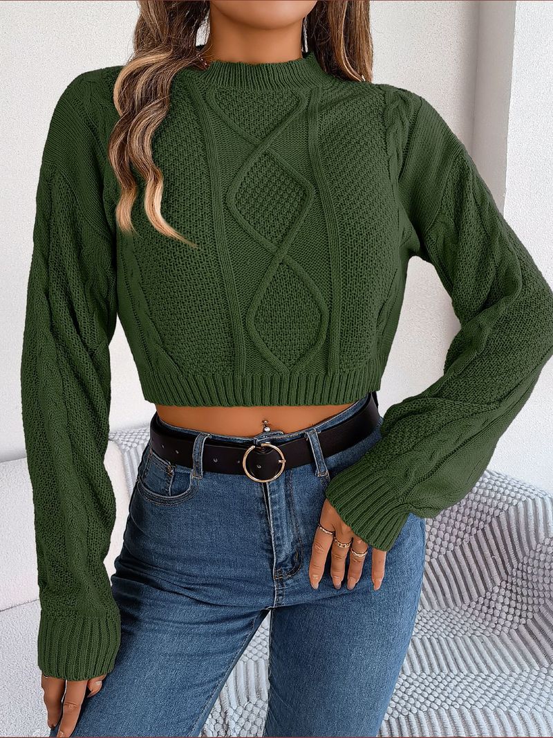 Maglione corto a maniche lunghe in maglia a trecce tinta unita casual autunno inverno 2025 da donna_voghion.com