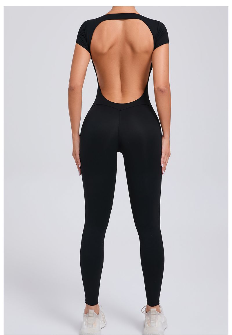 European And American Style Tight-Fitting Quick-Dry Jumpsuit One-Piece Yoga Outfit Short Sleeve Backless Hip-Lifting_voghion.com