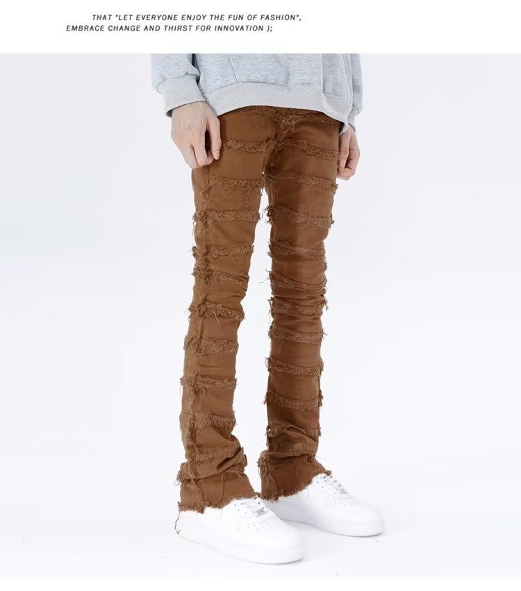 Nieuwe trendy Amerikaanse slanke meerkleurige casual jeans, losse bootcut jeans met ruwe rand en split op straat voor heren_voghion.com