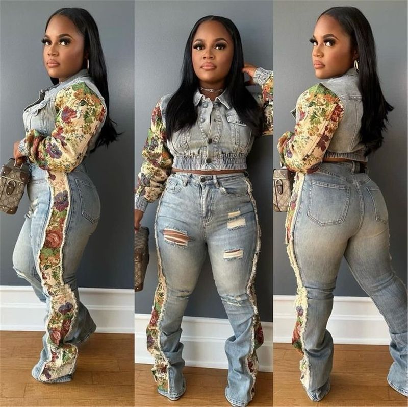 Moda feminina roupas estampadas cor combinando jaqueta jeans jeans terno de duas peças_voghion.com