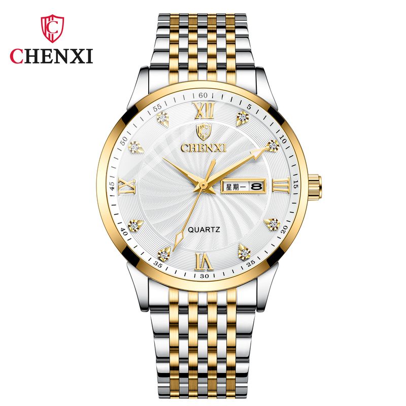 Montre-bracelet à quartz Chenxi pour homme et femme, avec double calendrier et bracelet en acier et diamants_voghion.com