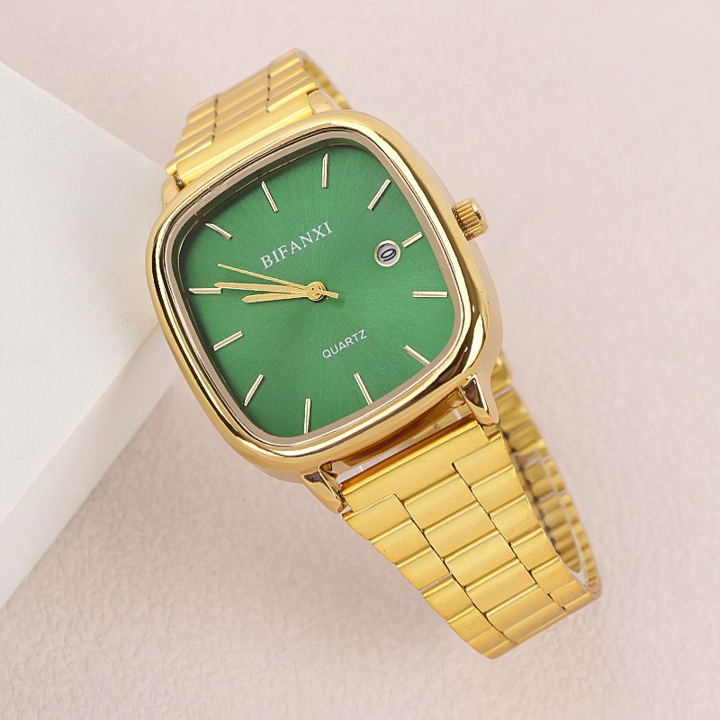 Neutral Style Steel Band Gold Small Square Calendar High-End Feel Unisex Commuter Wristwatch Gold Brick Quartz Watch_voghion.com