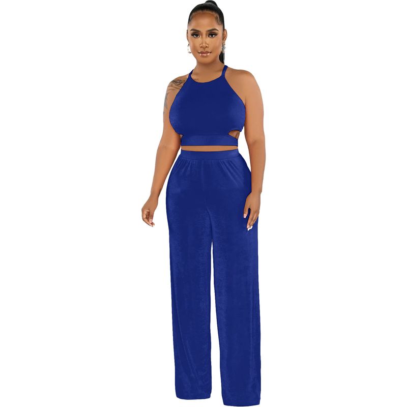Women's clothing Halter cross strap solid color wide-leg pants two-piece set _voghion.com