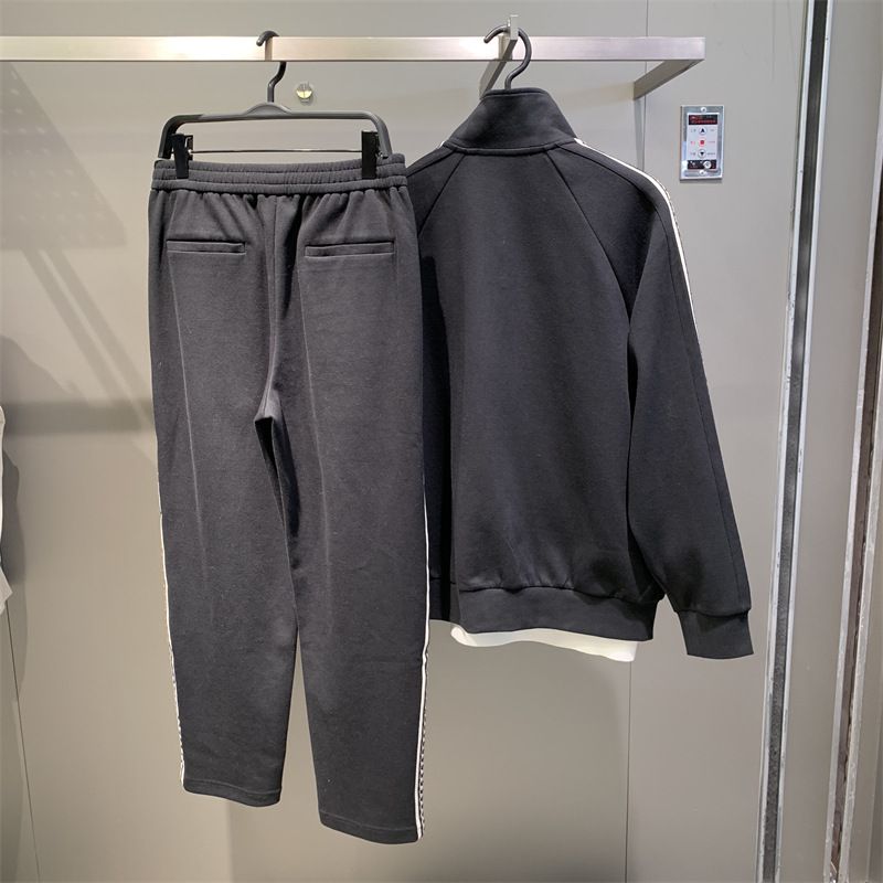 Man's clothing Knit jacquard ribbon splicing sportswear suit men's handsome stylish zip-up sweatpants_voghion.com