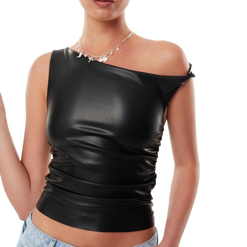 Y24TP647 Women's Autumn/Winter Twisted Strap Off Shoulder Leather Folded Short Open Umbilical Top T-shirt_voghion.com