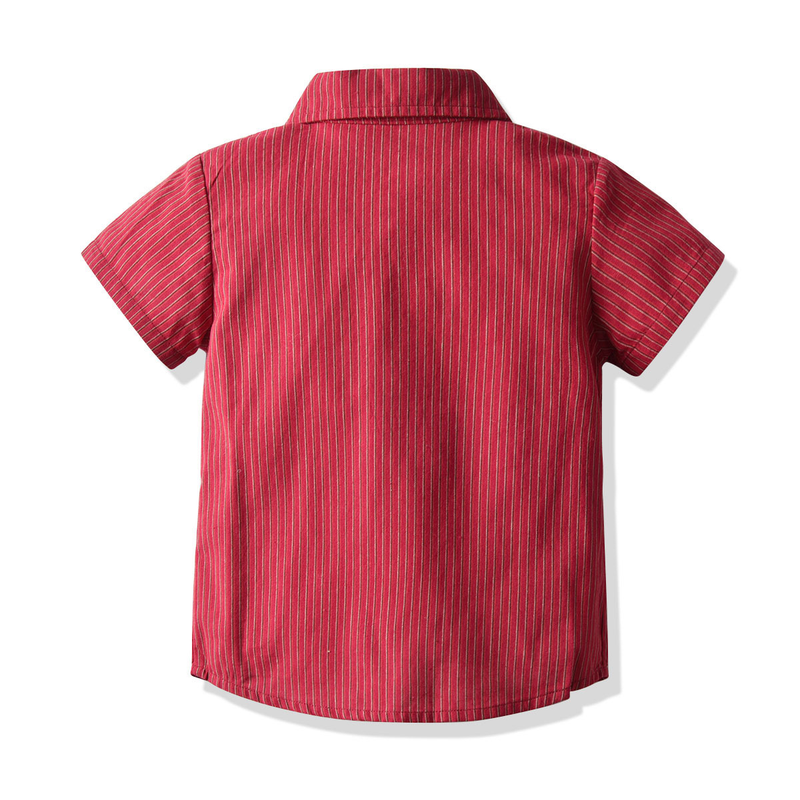 New Gentlemen's Boys' Dress Striped Short Sleeve Necktie Shirt Strap Pants Set_voghion.com