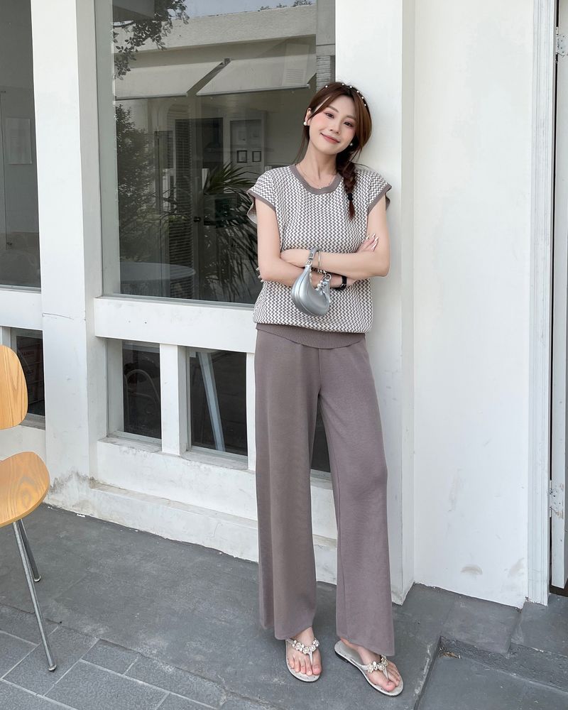 Gilet tricoté sans manches pour femmes, nouveau, simple, rétro, ample, haut, pantalon à jambes larges, costume deux pièces tricoté pour femmes_voghion.com
