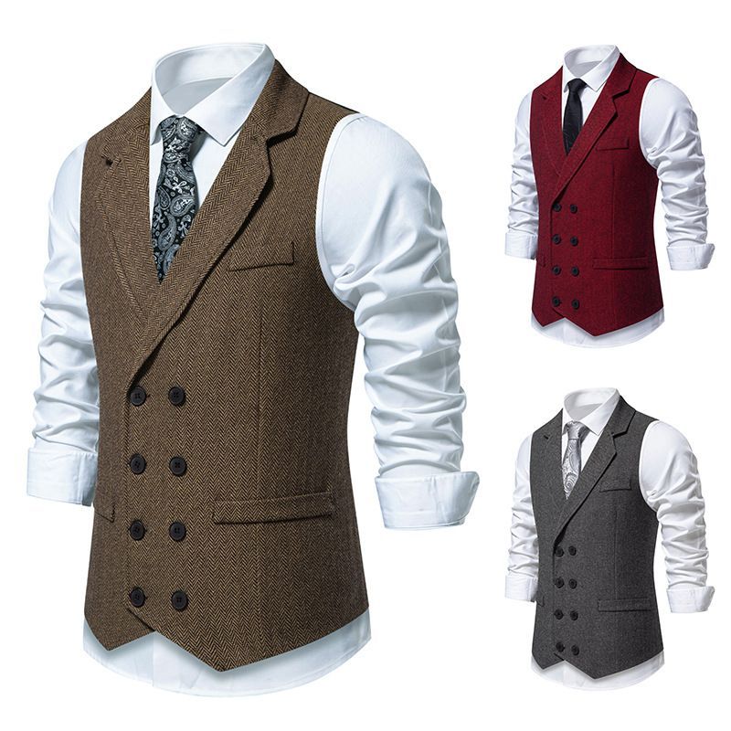 Vīriešu tvīda uzvalka veste, retro atloka, divrindu veste, tāda pati kā Šelbija_voghion.com