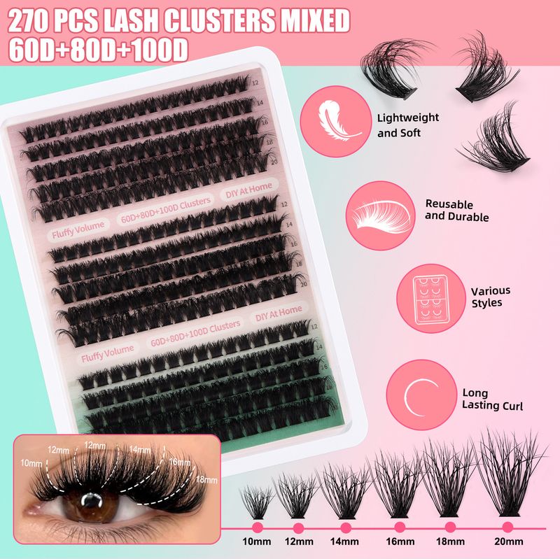 Ljepota i zdravlje DIY odijelo za ekstenzije umjetnih trepavica s jednom klasterom kose, debljina 270 klastera, 60D, 80D, 100D trepavice_voghion.com