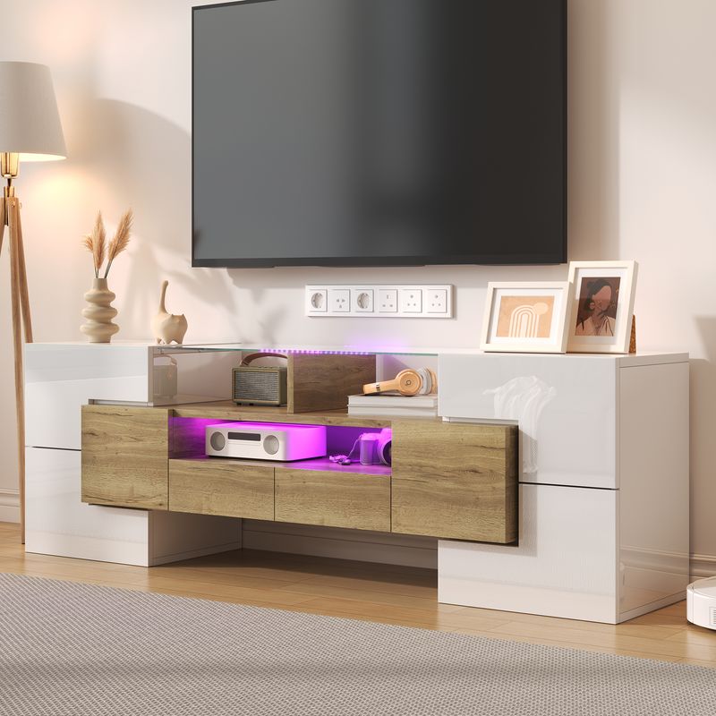 Meuble TV moderne, buffet bas blanc brillant de 145 cm avec éclairage LED, surface en verre élégante, mobilier de salon contemporain_voghion.com