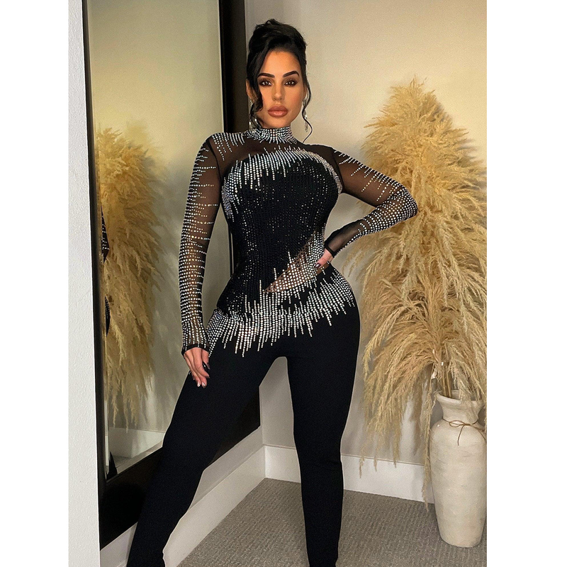 Damenbekleidung Mode Damen Einfarbig Mesh Hot Diamond Langarmhose Jumpsuit_voghion.com