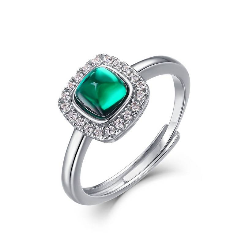 Kultivierter Smaragdring S925 Silber eingelegt mit glattem farbigem Edelstein offener Fingerring Retro Light Luxury_voghion.com