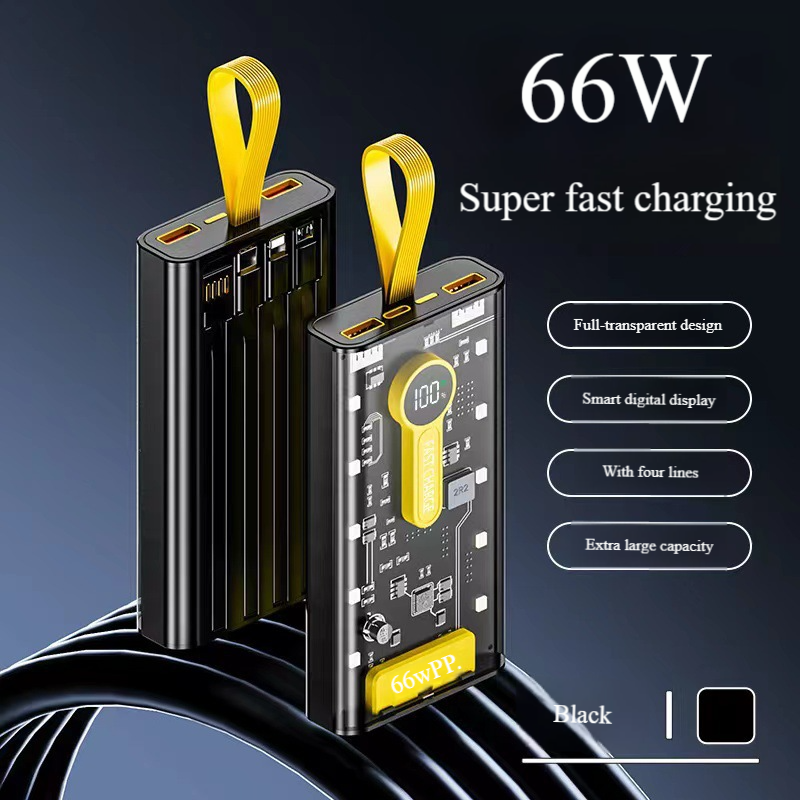Batterie externe ultra-rapide 66 W 20 000 mAh, style punk transparent, avec veilleuse LED et affichage numérique_voghion.com