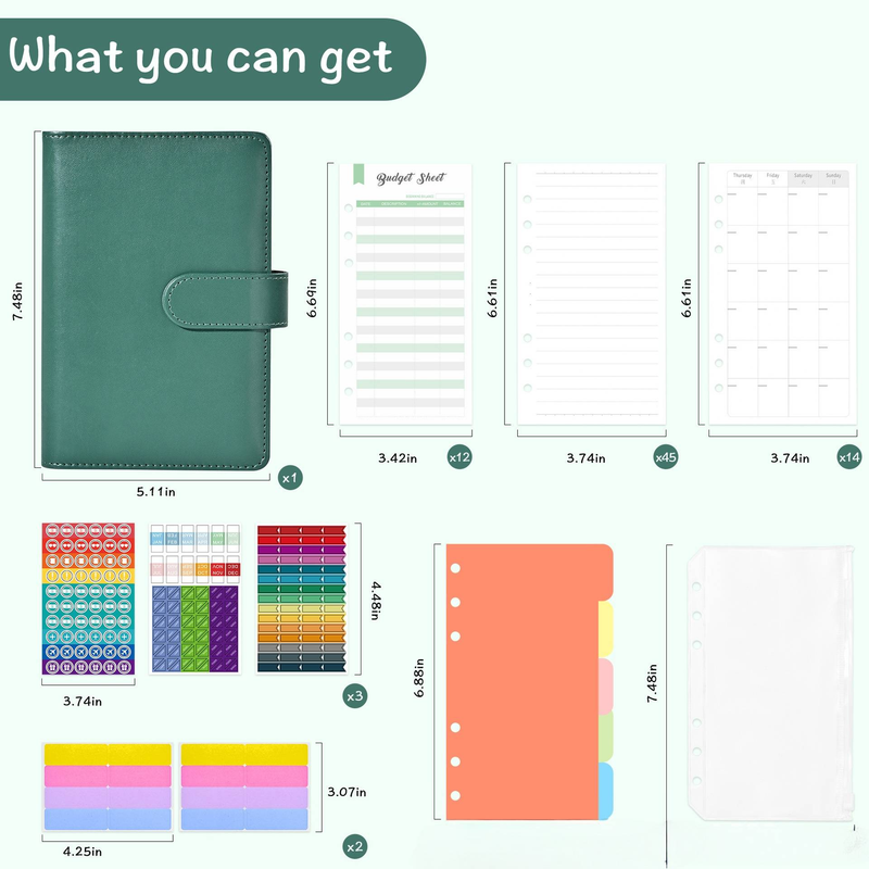 A6 Macaron notitieboek met leren look – budgetplanner met 12 kaarten, 8 ritsvakken, 45 gelinieerde pagina's, 14 maandelijkse planners_voghion.com