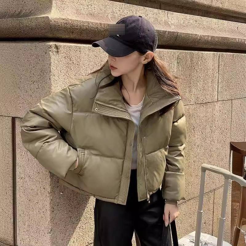 Damen-Pufferjacke aus PU-Leder mit gestepptem Design, kurzer Wintermantel, leichte, warme Oberbekleidung für Streetwear-Mode_voghion.com