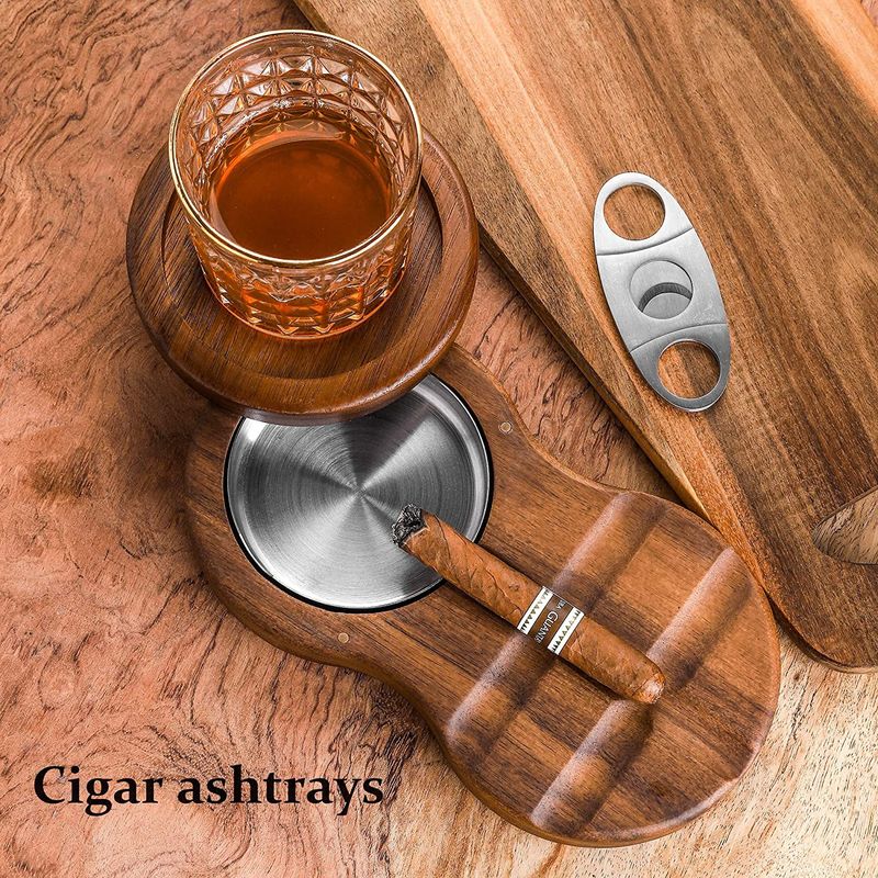 Wooden Cigar Ashtray With Rotating Lid, Whiskey Glass Holder, Windproof Covered Ashtray For Cigars & Whiskey Lovers_voghion.com