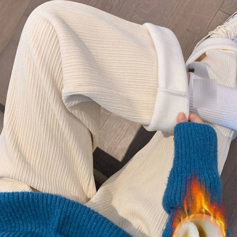 Pantaloni da donna a gamba larga in ciniglia foderati in pile - Tessuto in velluto di latte ultra morbido e caldo, pantaloni casual a vita alta dal taglio dritto con elegante drappeggio_voghion.com
