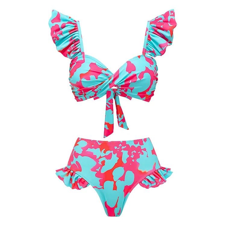 Bikini-Set mit hoher Taille für Damen – Zweiteiliger Badeanzug mit Rüschenmuster, geteiltes Design für den Strandurlaub_voghion.com